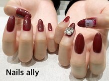 ネイルズアリー 立川店(Nails ally)/3Dネイル×ボルドー×ビジュー