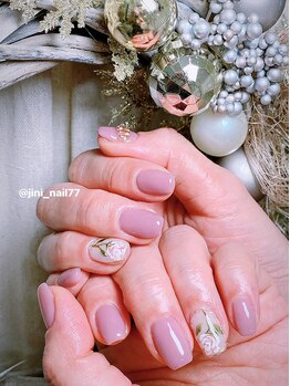 ワンカラー×お花ネイル