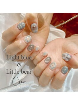 クリア なんば店(Clear)/くすみブルー×くまちゃんネイル