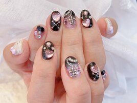 ピンク×黒ハートクロムネイル