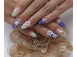 【和柄ネイル】　青ブルー白3D花