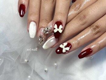 ソルネイル(sol nail)/ボルドー×キラキラリボンネイル