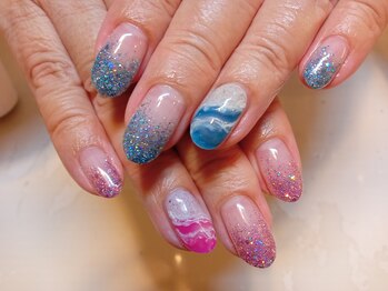 ネイル アンド ボディ ローサ(ROSA)/ピンク ブルー 波 ネイル