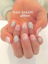 ネイルサロン グリッター(NAIL SALON glitter)/逆フレンチお花ネイル