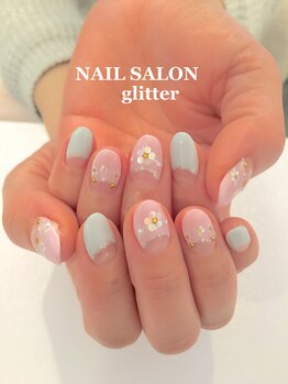ネイルサロン グリッター(NAIL SALON glitter)/逆フレンチお花ネイル