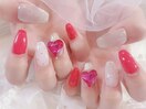 ハートVカットストーン/赤ネイル