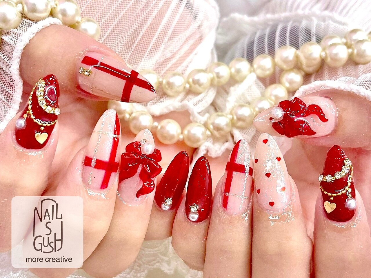 チェック/リボン/長さだし：PG010989246｜ネイルズガッシュ 武蔵小山店