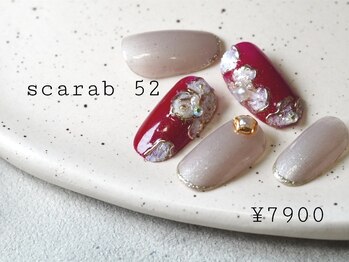 スカラべネイル52 春日部(Scarab Nail 52)/レッドカラーとお花アート¥7900