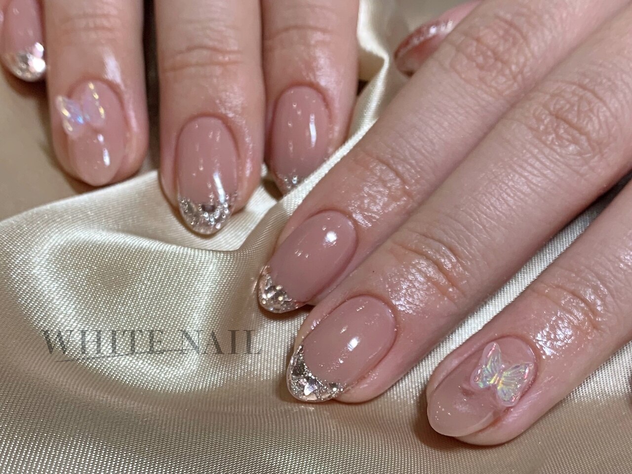 ガラスフレンチ/韓国ネイル/蝶々：PG006133066｜ホワイトネイル(WHITE