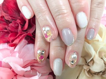 ダブルネイル(Double Nail)/【小山】ビジュー押し花ネイル