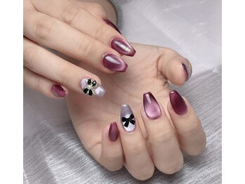 メオネイル(MEO NAIL)/ワインレッド×マグネットリボン