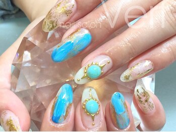 ネイルサロン べルフ(nail salon Verf)/夏ターコイズ×ホイルネイル