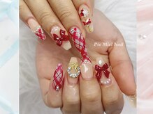 ピオミエルネイル 新宿(pio miel nail)/レッド×ツイード×リボンネイル