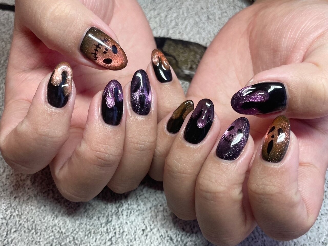 光るハロウィンブラックマグネットニュアンスネイル お化け かぼちゃ 秋 黒 光るハロウィンブラックマグネットニュアンスネイル お化け かぼちゃ