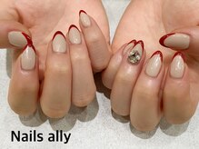 ネイルズアリー 立川店(Nails ally)/赤フレンチ×Vカット×ビジュー