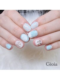 水色　リボン　ハート　お花