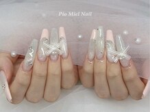 ピオミエルネイル 新宿(pio miel nail)/ピンクベージュ×グレー×リボン