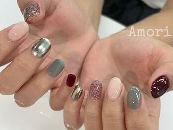 銀グレー×赤ピンクミラーネイル