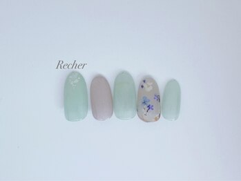 ネイルサロンリシェ 烏丸御池(Recher)/グリーンカラーのお花のデザイン