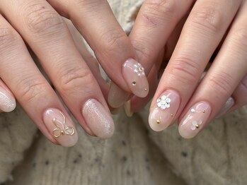 お花 リボンネイル パール