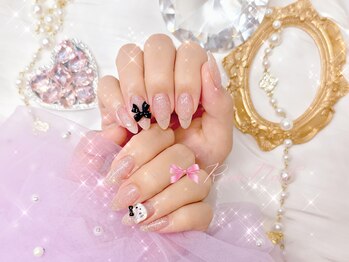 ワンホンネイル 新宿(Rumi Nail)/ラメグラデーション/リボン/韓国