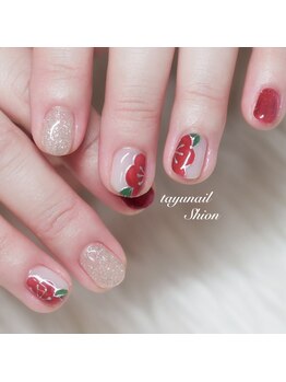 パラジェル手描き椿ネイル