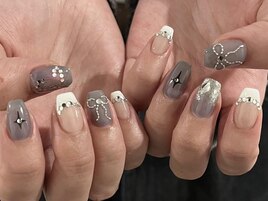 グレー白フレンチジュエルリボン