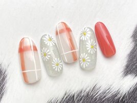 チェックとお花ネイル