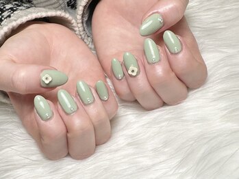 ヒールネイル(heal nail)/くすみgreen×お花×stone~