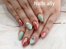 ネイルズアリー 立川店(Nails ally)/ピスタチオカラー×ピンクミラー