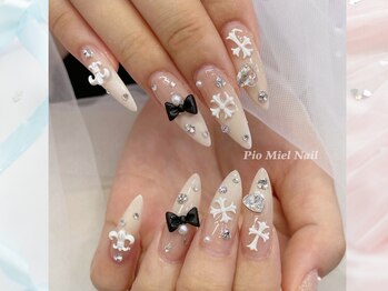 ピオミエルネイル 新宿(pio miel nail)/ミルキーアイボリー×リボン