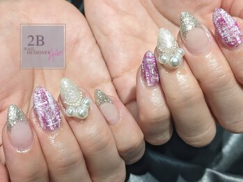 ピンクツイードネイル、パール