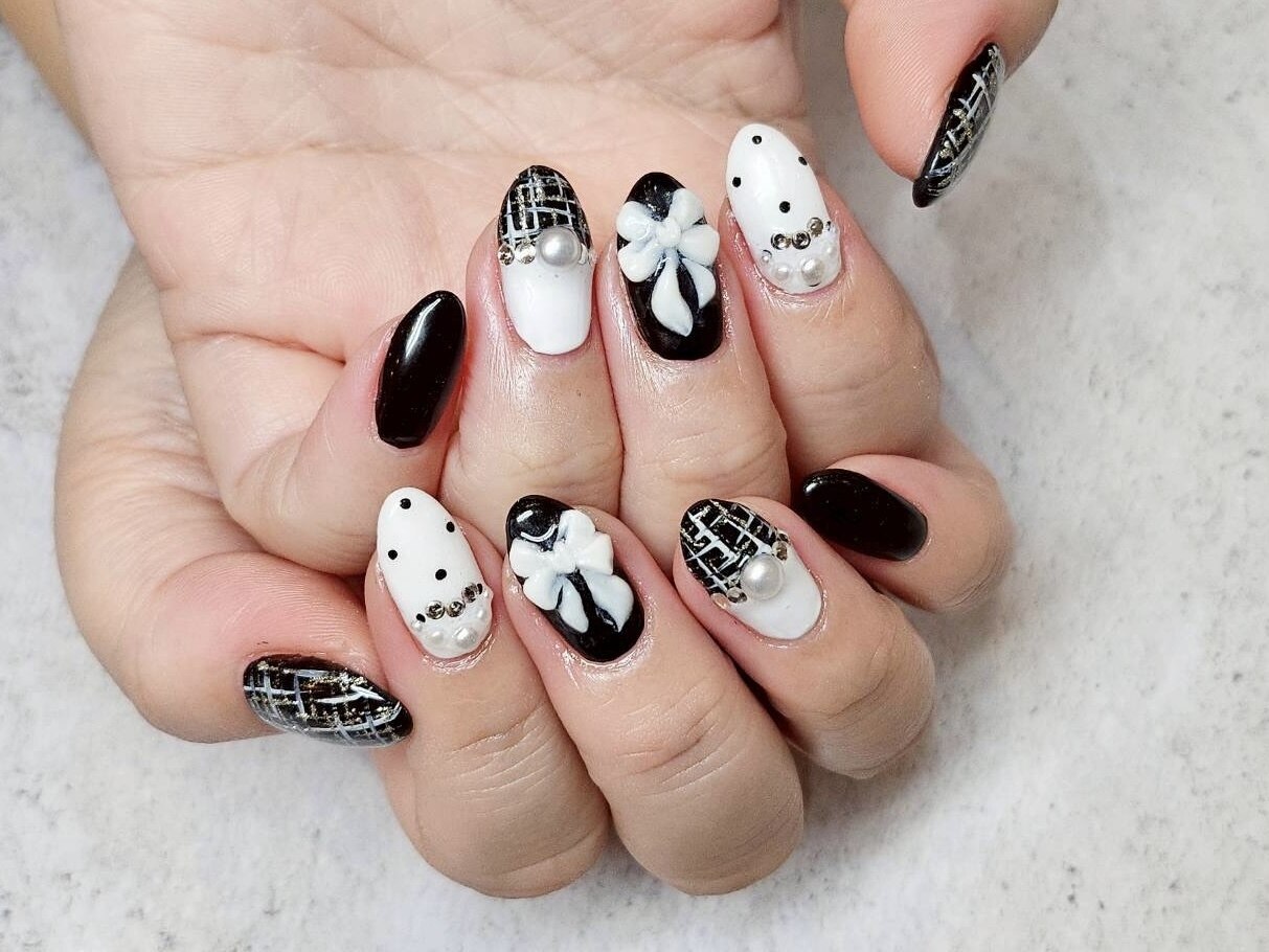 お急ぎ便A♥ ネイルチップ 量産型 韓国 フレンチ 千鳥柄 黒 リボン ハート お急ぎ便A♥ ネイルチップ 量産型 韓国 フレンチ 千鳥柄 黒 リボン ハート