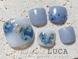 W-65 ブルー押し花リボンネイル