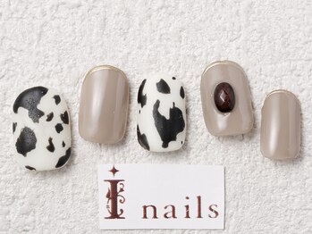 アイネイルズ 梅田店(I nails)/牛柄ネイル細フレンチ￥7700