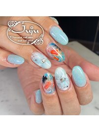 金魚ネイル　涼やかフラワー