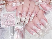 ミルキーネイル(Milky nail)/リボンたっぷりガーリーネイル♪