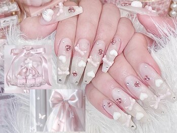 ミルキーネイル(Milky nail)/リボンたっぷりガーリーネイル♪