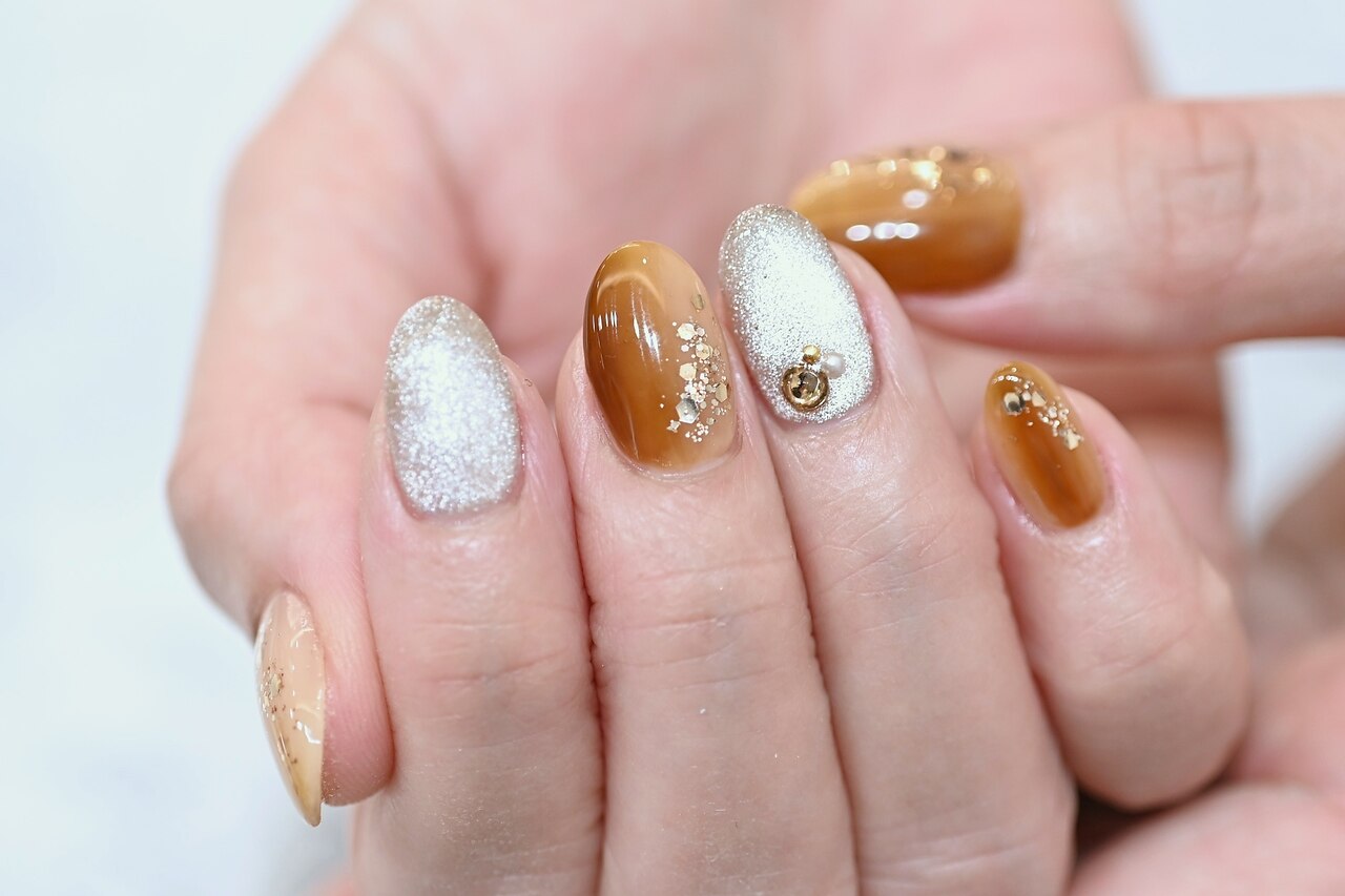 オーダーネイルチップNo.55 カフェラテ風 マーブル ぷっくり