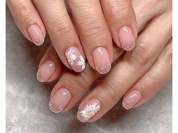 ヌーディー/爪先ラメ/お花ネイル