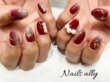ネイルズアリー 立川店(Nails ally)/パール×エアブラシ×ボルドー