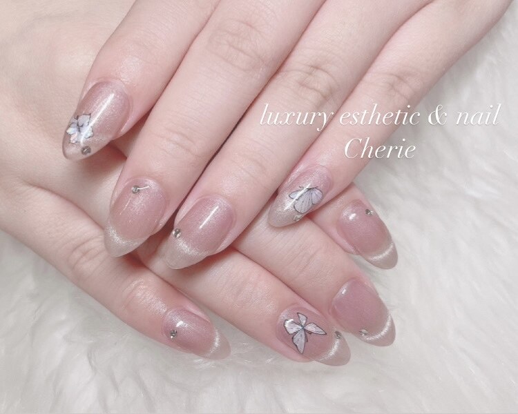 ネイルチップ オーダー ミラー フレンチ 青 マグネット 蝶々 ガーリー