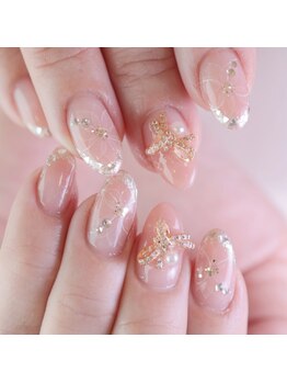 ピオニーネイル(peony nail)/3Dリボン　ガラスフレンチ