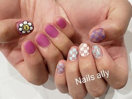 格子柄×フラワーアート