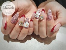 マニッシュ(Manish)/赤フレンチ/ツイード/3Dネイル