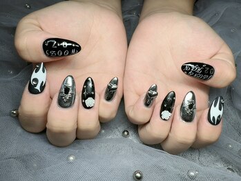 スノーネイルサロン 新宿店(Snow nail salon)/黒メタルハート薔薇メッセ
