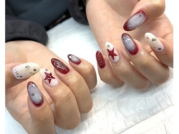 ネイルベースキュウロク(NAILBASE96)/ボルドー×白チークネイル