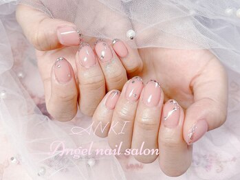 エンジェルネイルサロン(Angel nail salon)/ピンクガラスフレンチxストーン