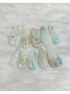 水色と蝶々のキラキラネイル