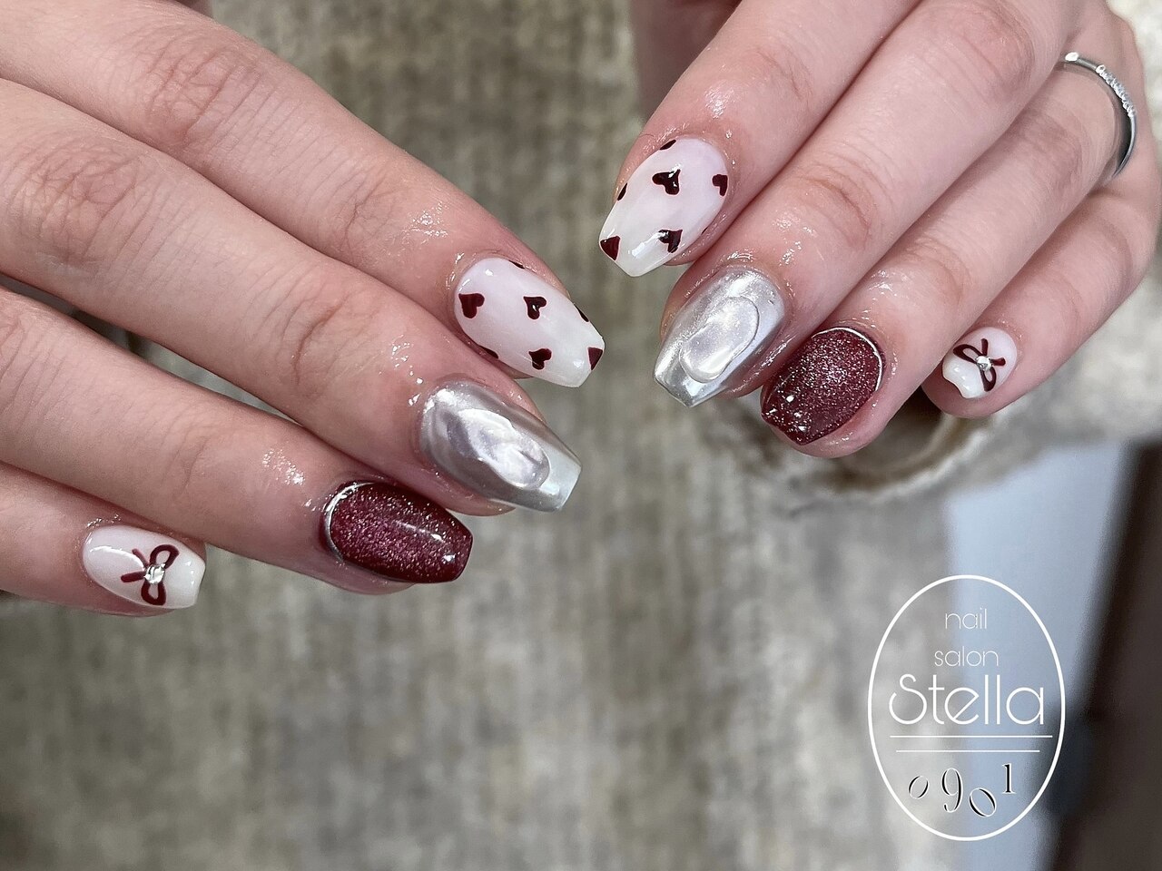 51)) 手描きハート フレンチガーリー ボルドーネイル ホワイト ネイル